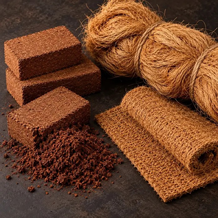 Coco peat blocks, a bundle of coir fibre and a coir mat arranged together