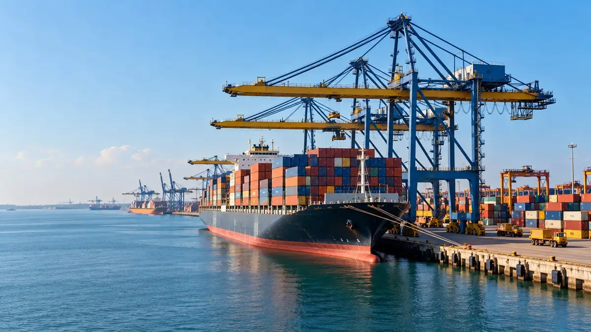 A container ship docked at a port under cranes, loaded with shipping containers