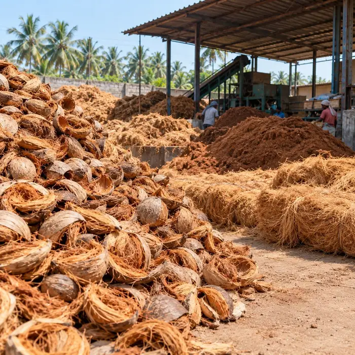 A coir supplier's yard with coconut husks, loose fibre and processing equipment