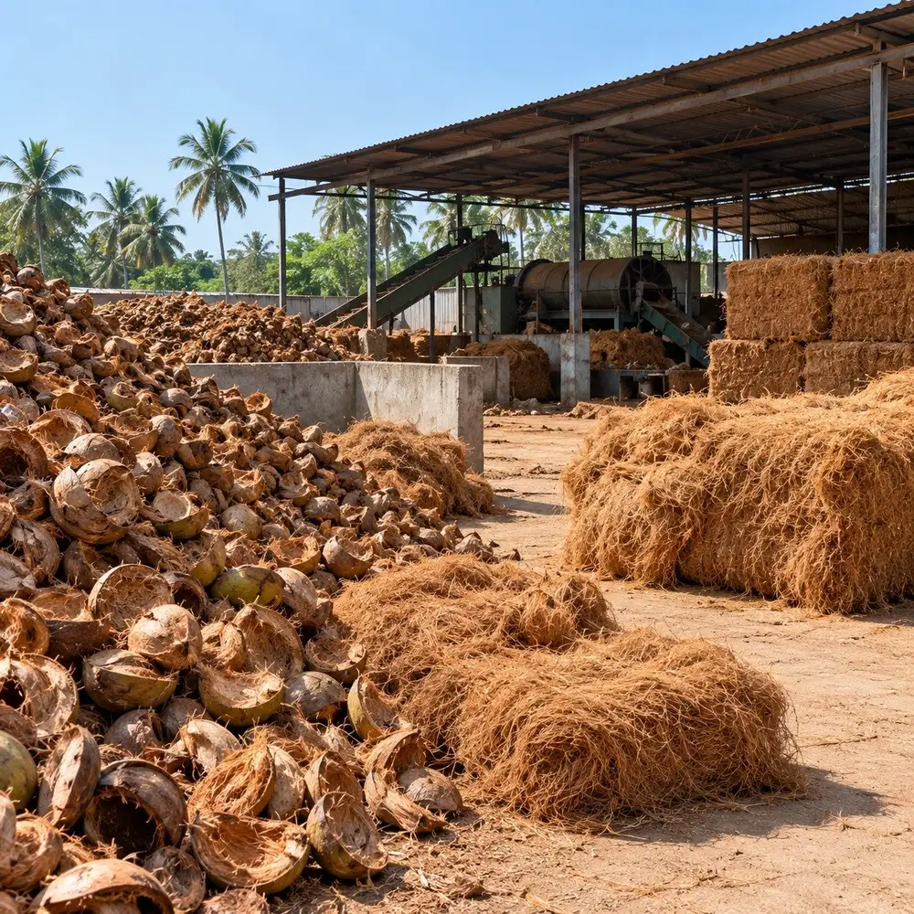 A coir processing yard with piles of coconut husk and bundled coir fibre under a shed
