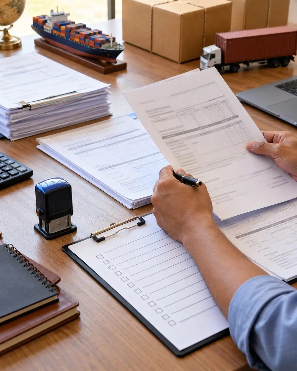 Export shipping documents and a checklist being reviewed by hand at a desk, with a model ship and container nearby