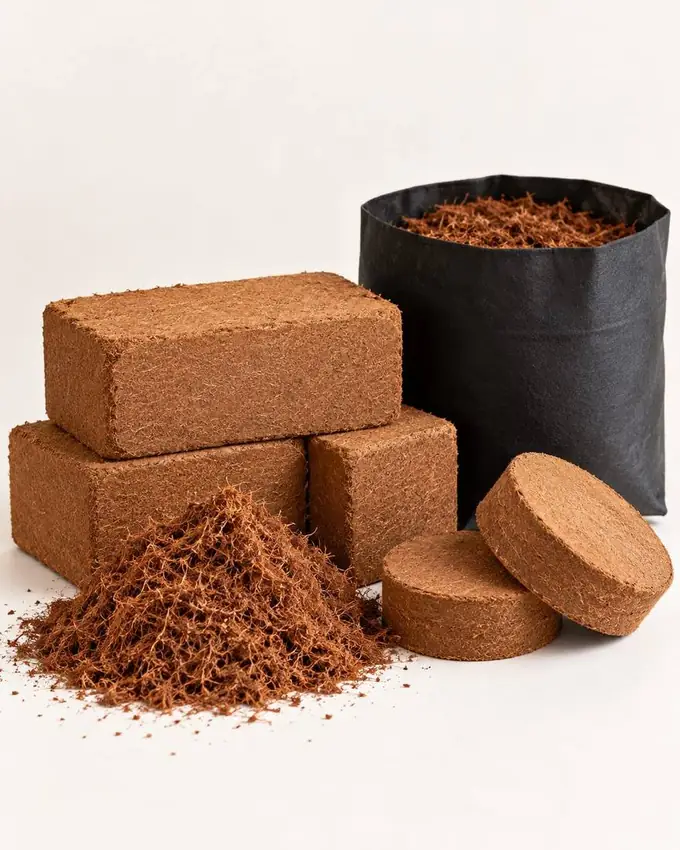 Compressed coco peat blocks, loose coco peat and a coco peat disc on a plain background