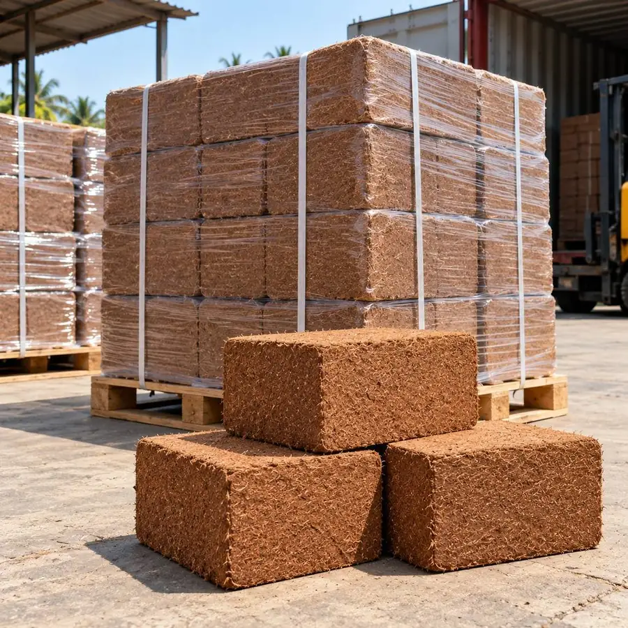 Shrink-wrapped coco peat blocks stacked on a pallet with loose blocks in front, in an export yard