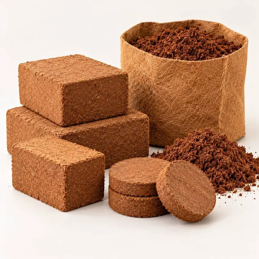 Coco peat blocks, a grow bag of loose peat and two coco peat discs