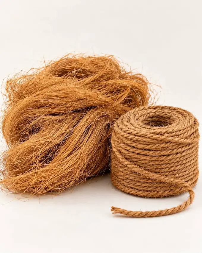 A loose bundle of coir fibre beside a coiled length of twisted coir rope
