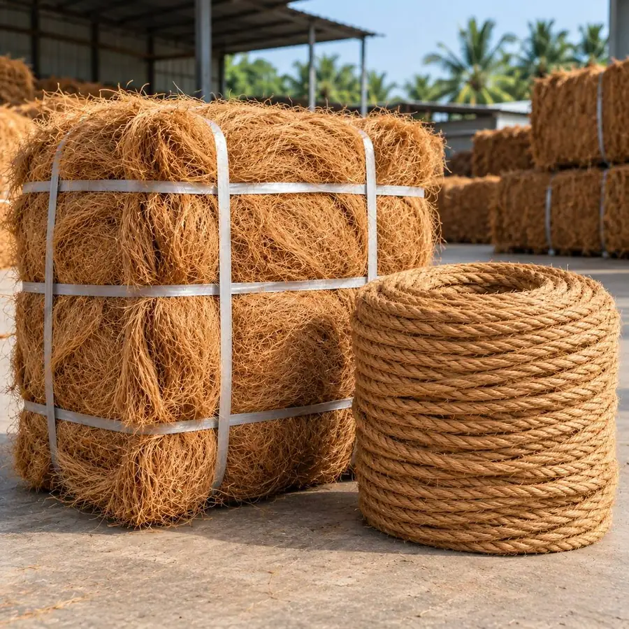 A strapped bale of coir fibre beside a coiled length of coir rope in an outdoor export yard