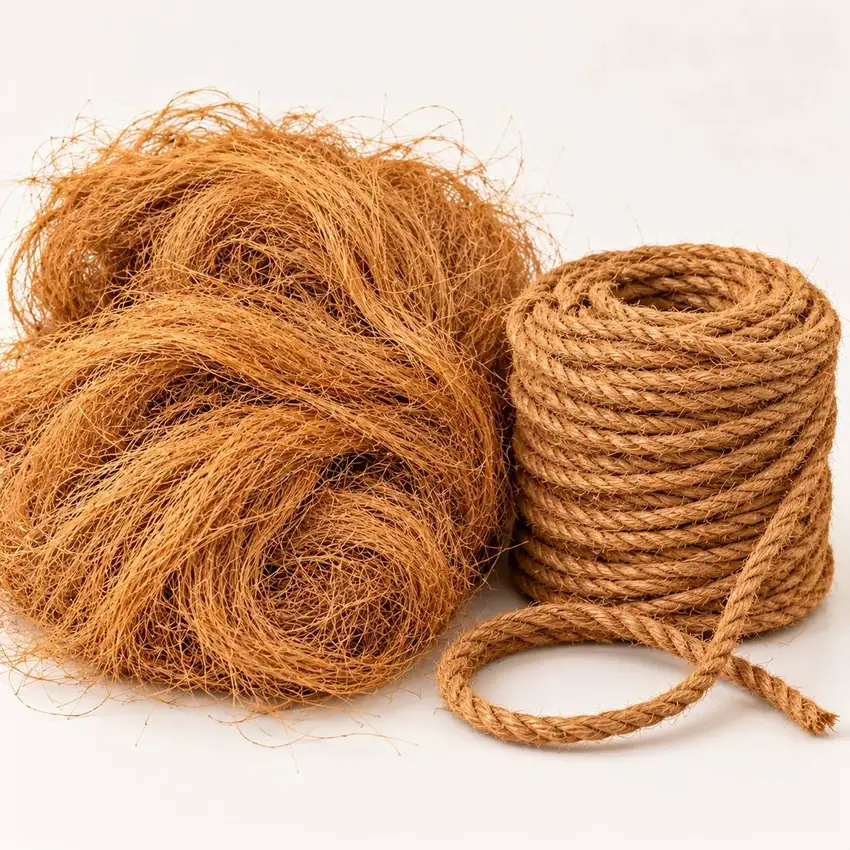 Loose coir fibre beside a coiled length of twisted coir rope