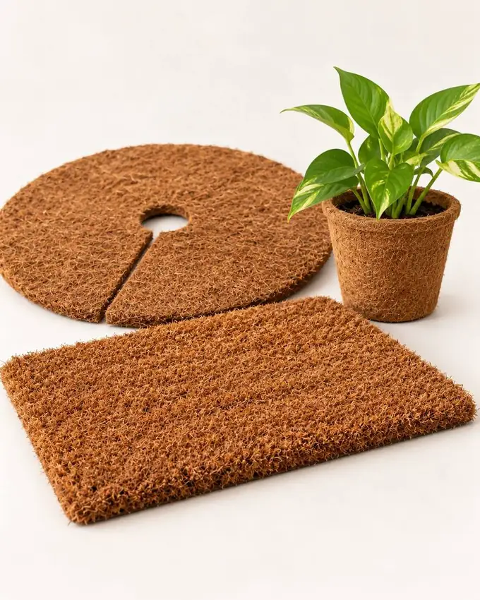 A round coir mulch mat, a coir door mat and a small coir plant pot with a potted plant