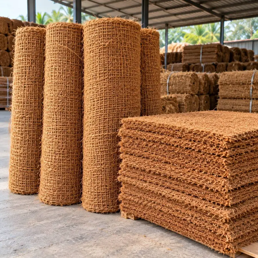 Rolled coir erosion-control matting standing beside a stack of flat coir mats in a warehouse
