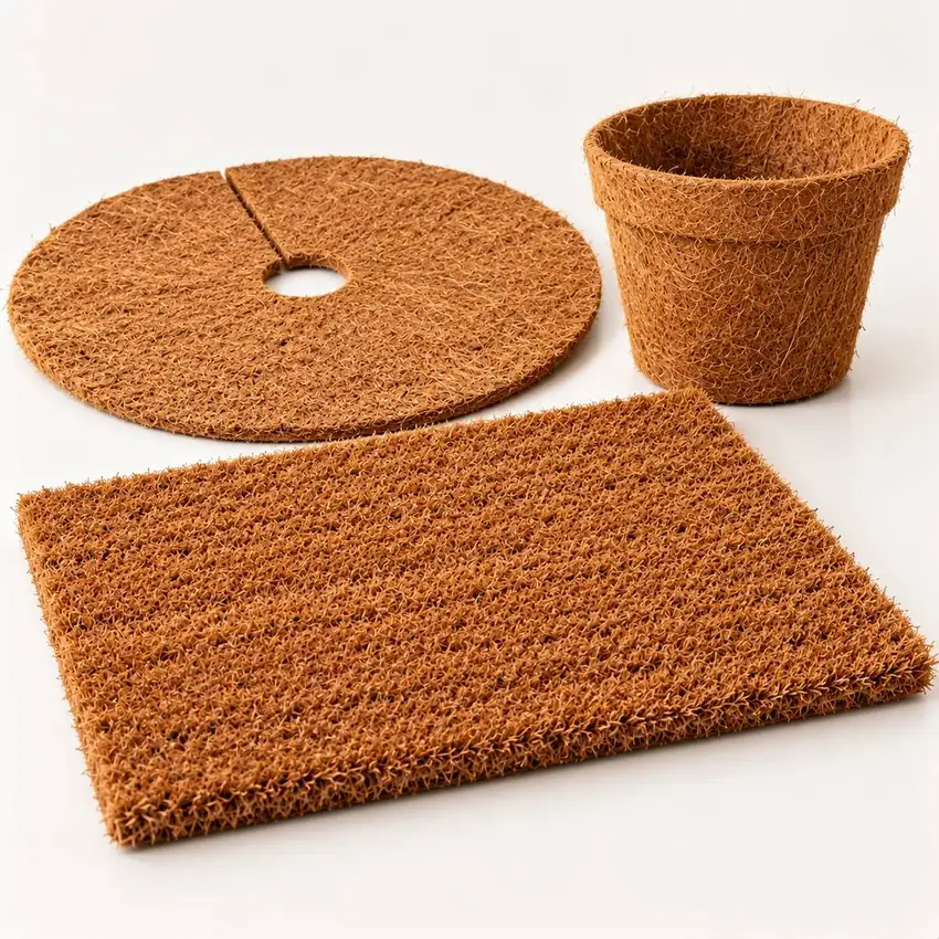 A round coir mulch mat, a coir plant pot and a coir door mat